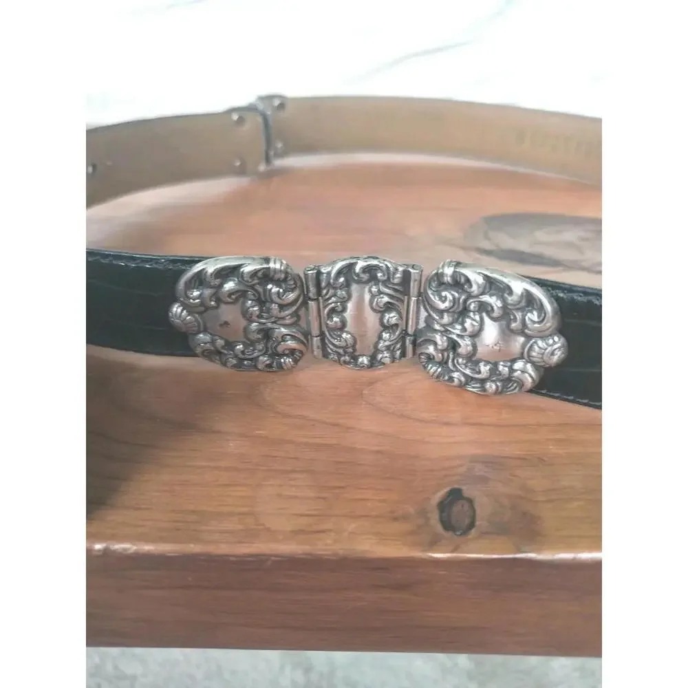 Vintage Fossil‎ Black L Croc-Embossed Leather Belt - Ornate Hinged Silver Buckle